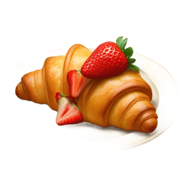 there is a croissant with strawberries in a beige plate sticker