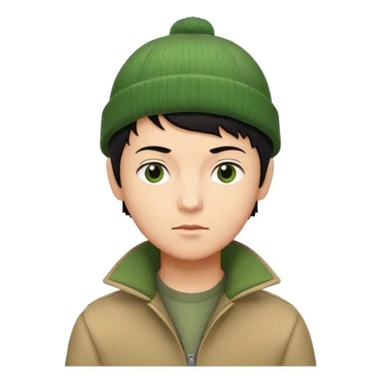 young man with longish pixie cut black hair, tan complexion, green beenie hat, tan jacket, pork chop sideburns sticker