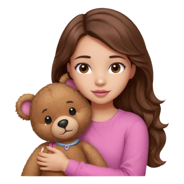 girl with long wavy brown hair, brown eyes, light to medium complexion, in a pink shirt, pink lips, long lashes, hugging a teddy bear sticker