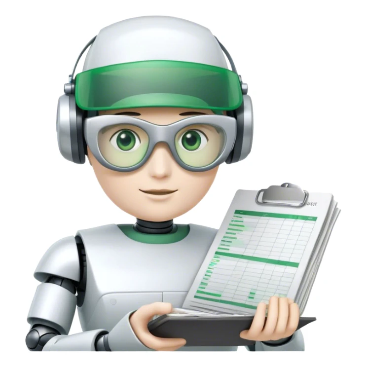 human like robot bookkeeper wearing Green eyeshades visor used by accountants and holding spreadsheets sticker