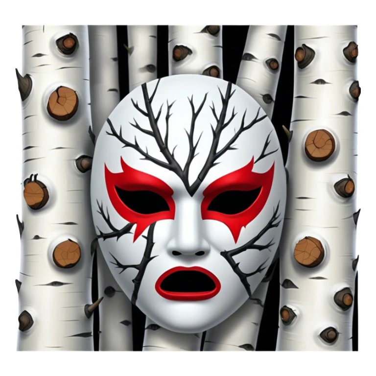 birch tree mask in expressing anger, white, black and red palette, the texture has black marks sticker