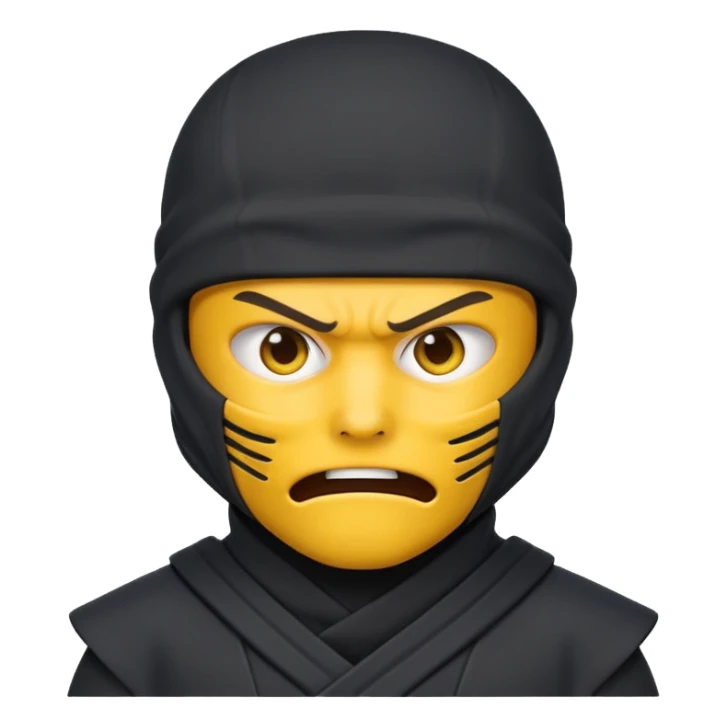 angry ninja face emoji, classic yellow emoji face, mouth fully covered by dark gray ninja uniform, only eyes visible sticker