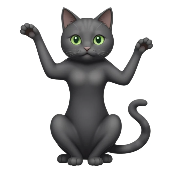 full body gorgeous solid dark grey cat with green eyes, white paws and white whiskers stretching sticker