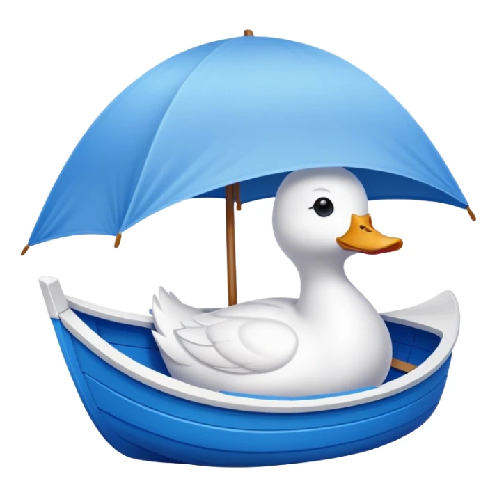 A white duck-shaped boat with a Shade cloth sticker