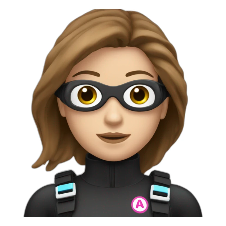 a woman with an a black scubadiver suit. pink dive mask, she has blue eyes inside the dive mask. brown long and straight hair sticker