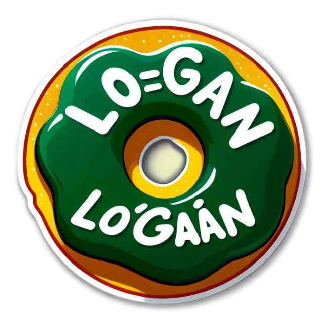 Green shiny donut coin that says the word “Logan” sticker