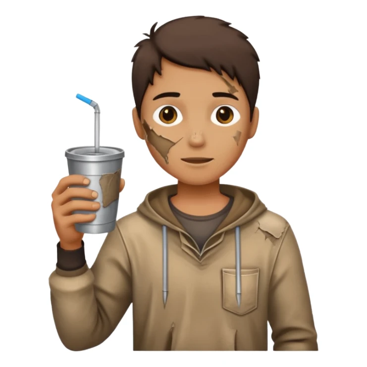 Create an emoji that shows a person wearing torn clothes with visible dirt marks and an empty cup. sticker