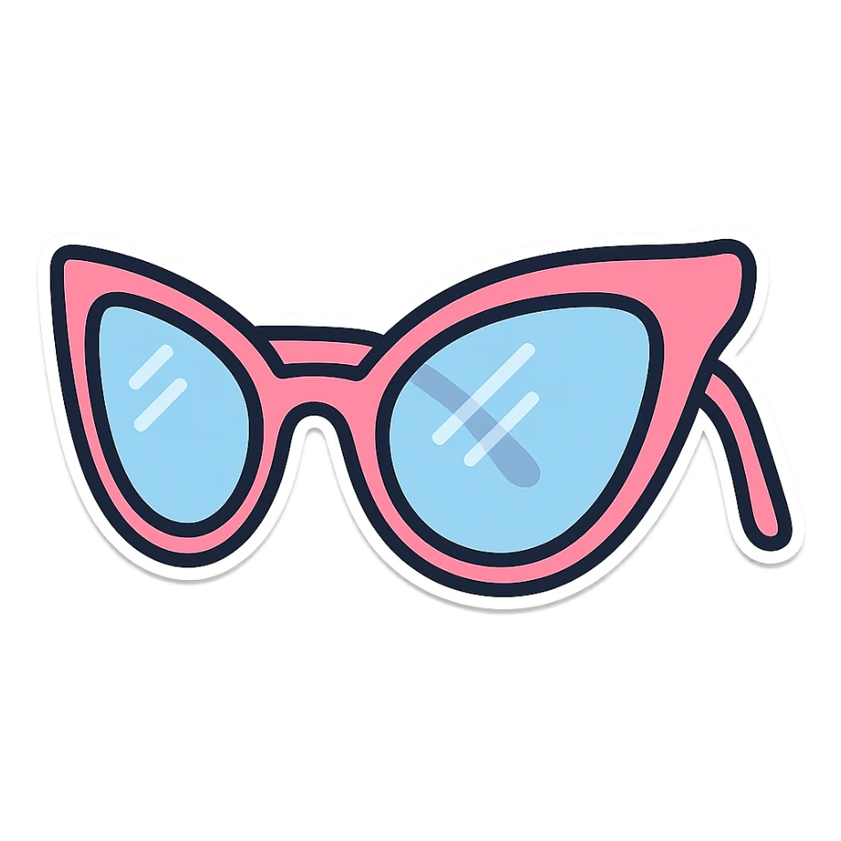 stylish eyeglasses for vision with diopters, butterfly frame, side view, vector look with shadows and glare, detailed shading, thin clean outlines, pastel palette, Japanese pop art, sticker look, highly detailed, transparent background sticker