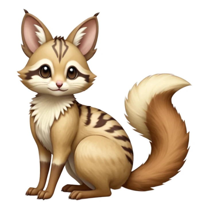 Brown-pointed, beige, soft natural realistic romantic vintage antique divine beautiful elegant pretty precious cute young youthful  Fakémon-Pokémon-alien-opossum-squirrel-feline-serval-caracal-chinchilla-Minccino-Cinccino-Meowstic-rodent-hybrid-creature with a big fluffy bushy tail (full body) sticker