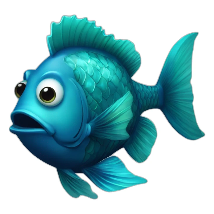 dangerous fat dark blue lantern fish with cyan lips, cyan fins and cyan tail, and cyan marble instead of eyes sticker