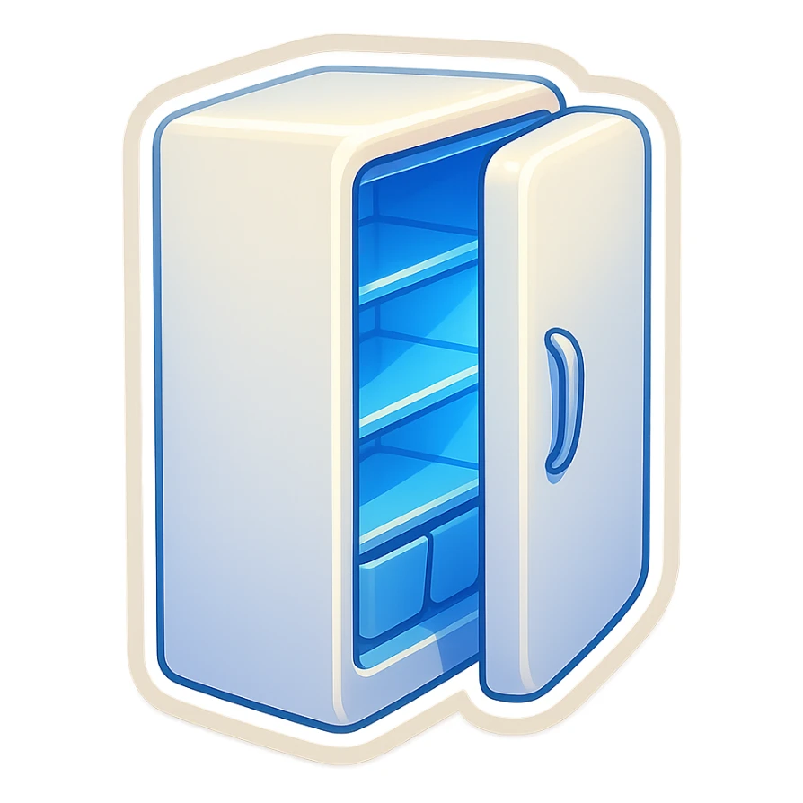 Open modern refrigerator with door slightly ajar, soft blue light glowing from inside, simple shelf shapes, no food details, rounded vector style, clean and minimal, sticker-like, white exterior. sticker