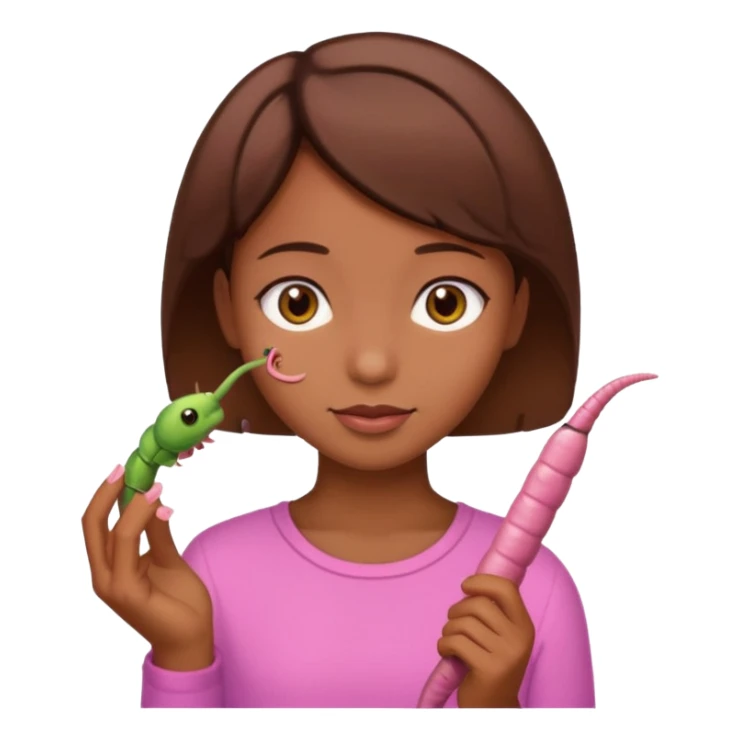 a girl with brown eyes, brown short hair and a worm sticker