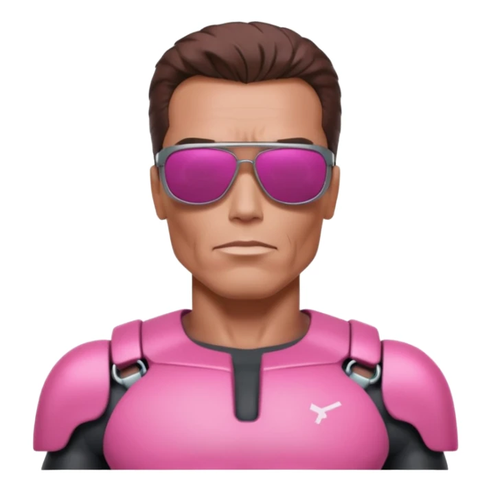 Schwarzenegger-like Terminator, upper body only, wearing his iconic clothes in pink (all clothes must be pink), looking more human with minimal robotic details, and wearing dark sunglasses. sticker
