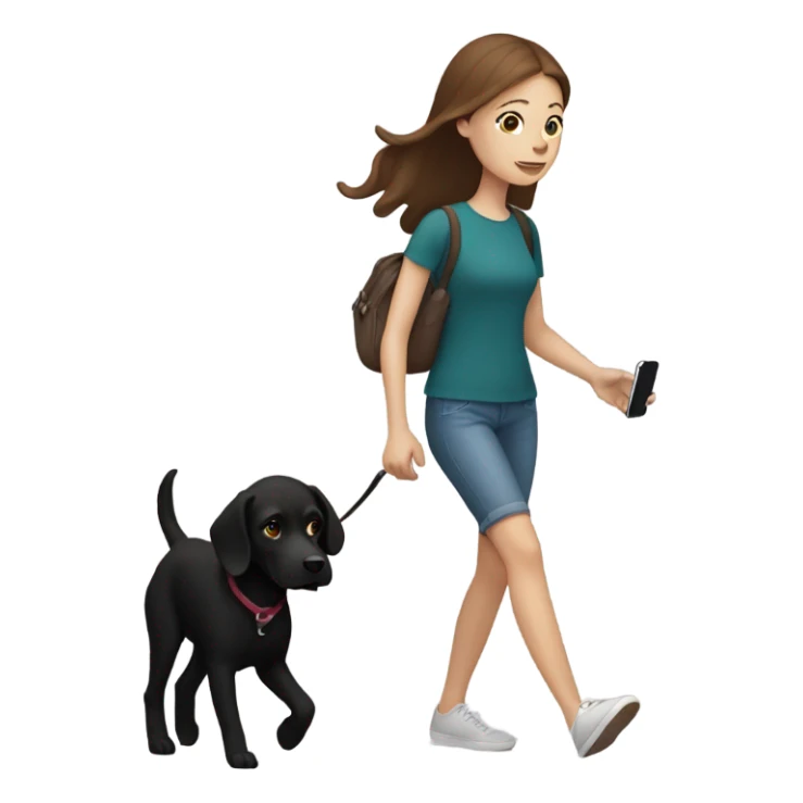 white girl with brown hair walking her black dog and using her iPhone sticker