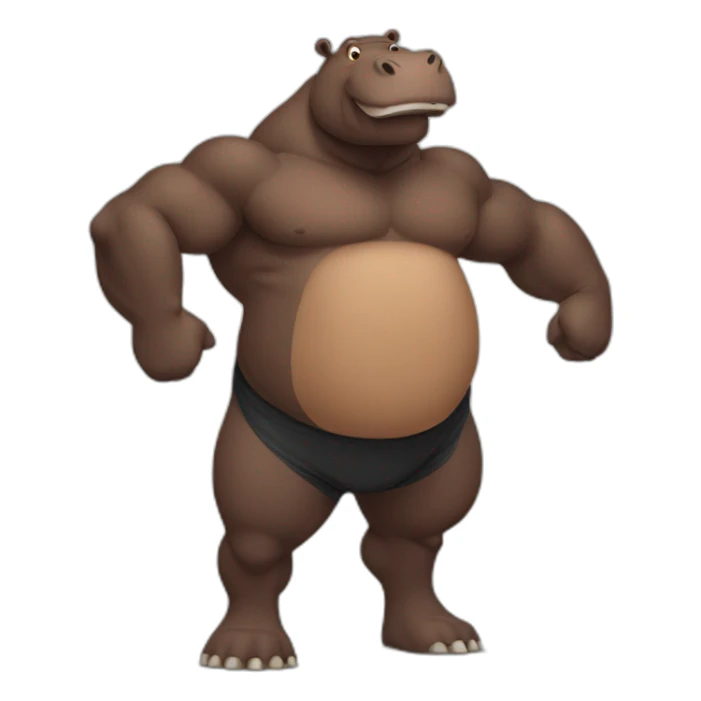 Big brown hippo with big belly doing a standing body building pose sticker