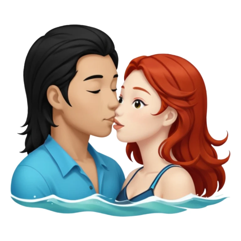 long black haired asian guy kiss redhead girl in ocean sticker