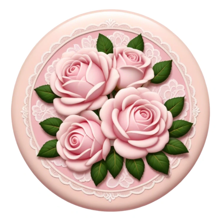 A round light cream colored button with light pink damask lace and white roses sticker