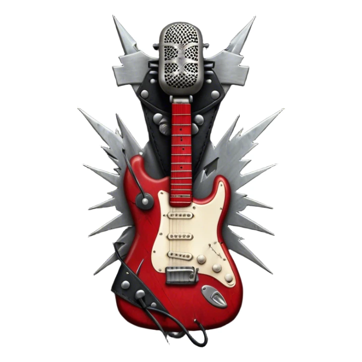 Create a powerful and dynamic humanless emoji representing rock vocals. The design should feature a classic vintage microphone with a rugged, distressed look, surrounded by elements like a guitar pick, electric guitar neck, and sound waves to reflect the raw energy of rock music. Add subtle details such as a spiked bracelet, leather textures, or bold lightning bolts to evoke the rebellious and intense spirit of rock. Use dark, edgy colors like black, red, silver, and metallic accents to emphasize the fierce, loud, and passionate nature of rock vocals. The background should be transparent. sticker