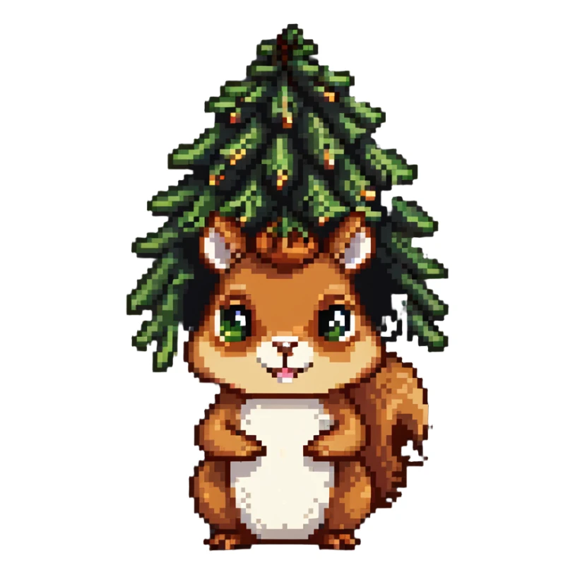 A greedy squirrel with a large pine cone balanced on its head, with a weird facial expression and wide eyes sticker