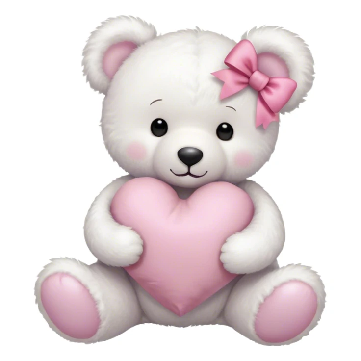 "A fluffy white teddy bear holding a heart-shaped pillow, adorned with a pink bow, dreamy aesthetic."
 sticker