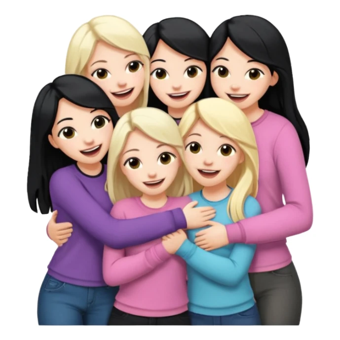Girlfriend emoji - 5 white girlfriends, two with long dark black hair, one with medium blonde hair, one with long pale pink hair, one with short light blonde hair.  They should be laughing and hugging  sticker