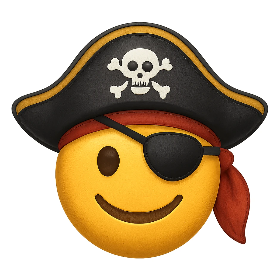 Add an eye patch over the blindfold for the pirate captain. Keep the pirate hat and smiling expression. Render in emoji style with transparent background. sticker