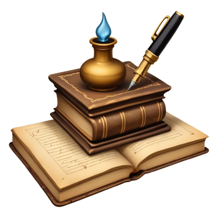 Create a vibrant emoji representing prose writing with an old-style, antique look. The design should include semi-turned pages of an old book with unfinished prose written on them. Add a vintage ink inkwell and a classic fountain pen or quill with black ink. Use warm, earthy tones like deep browns, golds, and creams for the book and ink bottle, with subtle ink splatters for an artistic touch. The overall style should evoke a sense of timeless storytelling and literary craftsmanship. Make the background transparent. sticker