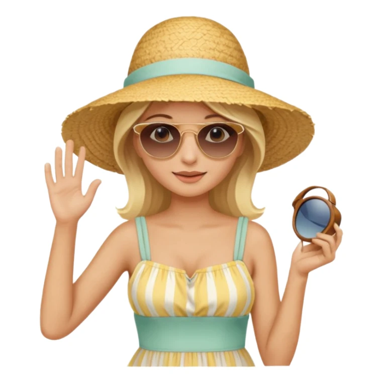 
blonde in light big beach elegant hat holds hat and with second hand holds sunglasses on face sticker