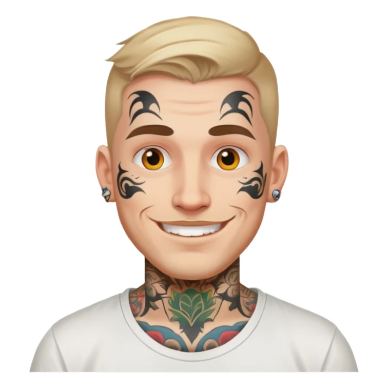 white man with bold face tattoo, happy face, wearing a white t-shirt sticker