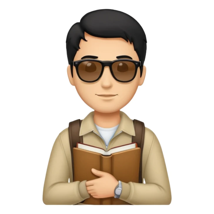 Man with sunglasses on his black hair wearing a book bag sticker