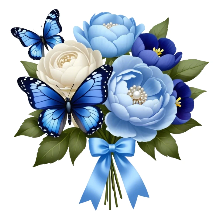 An elegant butterfly with midnight blue and sky blue wings, accented with delicate white tracings, hovering above a beautifully arranged bouquet of soft pastel blue peonies and deep indigo pansies, tied together with a flowing pearl satin ribbon. sticker