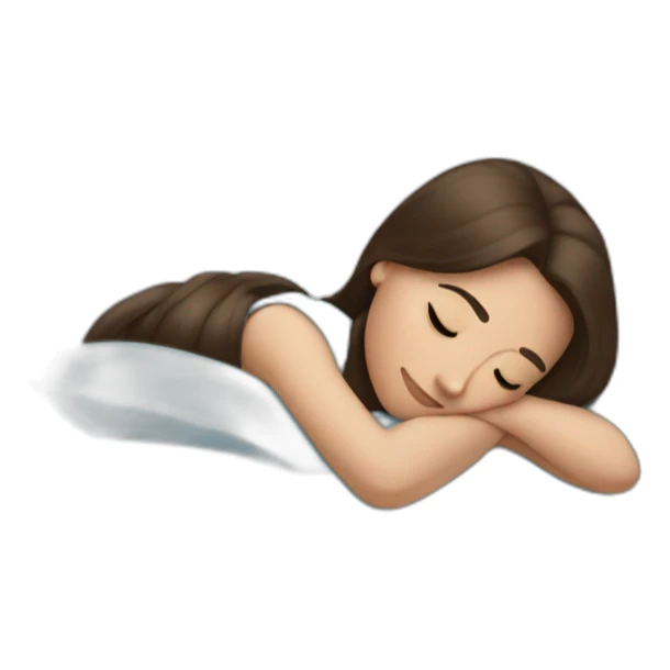 Brunette pressing her head against a light blue very soft bed pillow  sticker