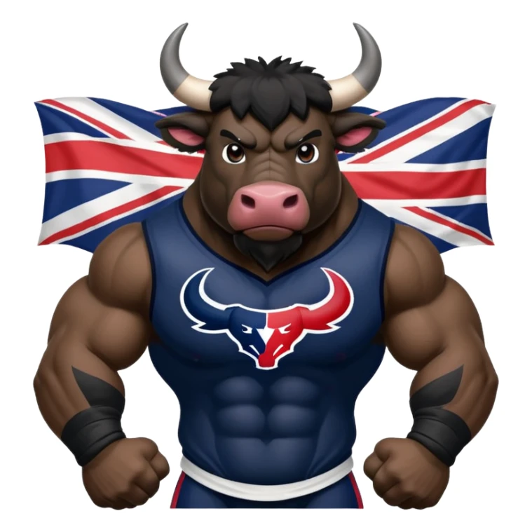 Houston texans black bull, wearing a texans jersey, with a union jack flag behing sticker