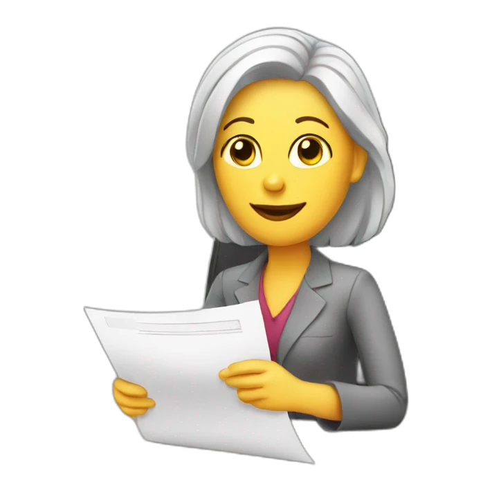 White woman sitting in office table with document on hand sticker