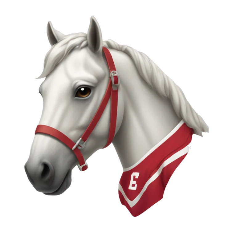 a white horse wearing a crimson footbal jersey sticker