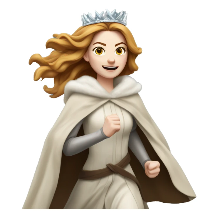 Emma Stone running, with a large stride and arms outstretched, wearing an icicle crown and winter cloak, long golden brown hair sticker