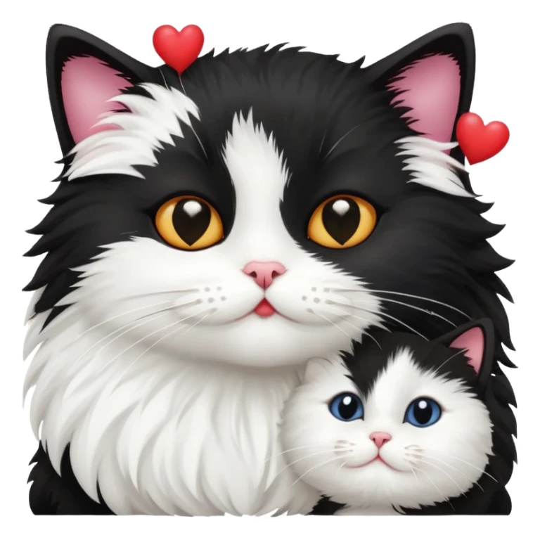 Big black cat face is kissing a small white cat face with hearts above sticker