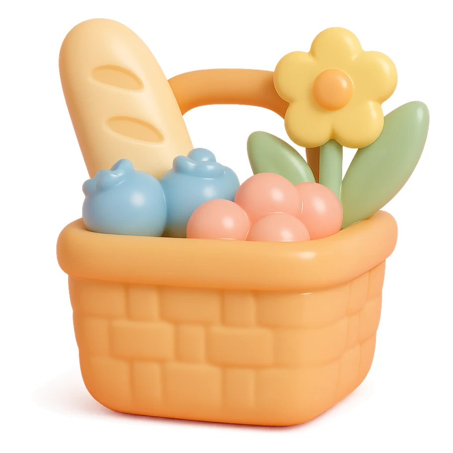 picnic basket with berries, bread, and flowers in warm pastel shades, vinyl figure style sticker