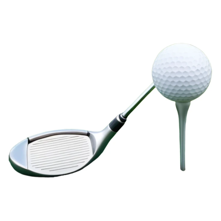 A golf ball on a tee with a golf club placed beside it, set against the backdrop of a well-manicured green golf course. The scene emphasizes the equipment and serene atmosphere of the sport, with soft lighting and a peaceful, open landscape sticker