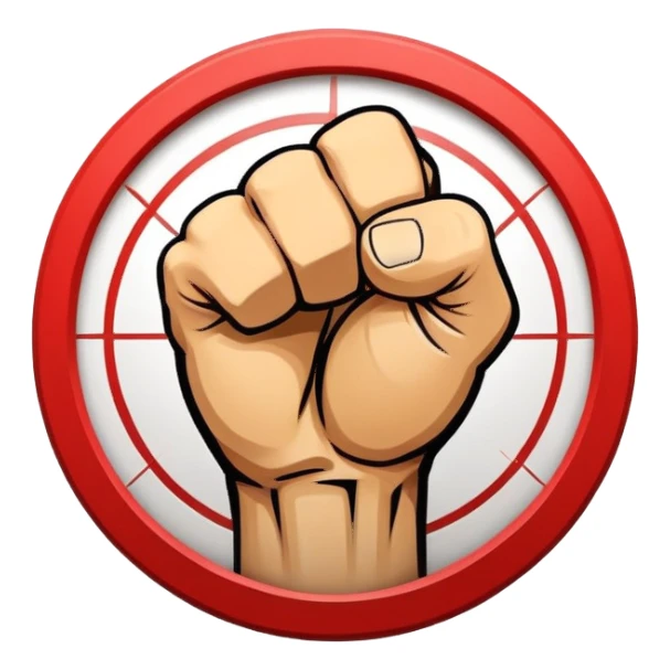 Round emblem symbolizing combat sports, featuring a clenched fist facing forward at the center. The fist is bold and strong, representing power and skill in martial arts. Surrounding the fist are dynamic lines, giving the emblem a sense of motion and energy. sticker