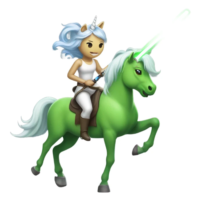 a unicorn with a green alien woman on it holding a lightsaber sticker