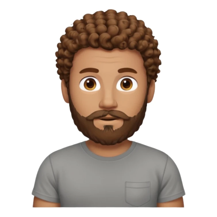 Curly-haired nightingale, with brown hair, a thick beard and a suvata to match the color of the hair on his head, large build, but not fat in a gray T-shirt, chest shot, IOS memoji style sticker