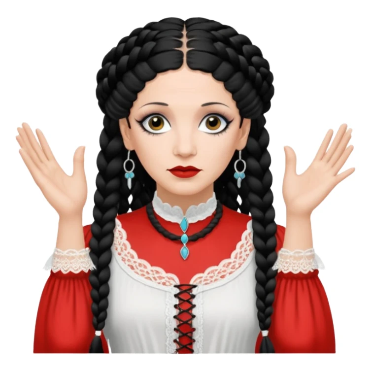 Lene Lovich as seen on the Stateless album cover with a typical symmetrical pose with her hands, lots of lace and braided hair sticker