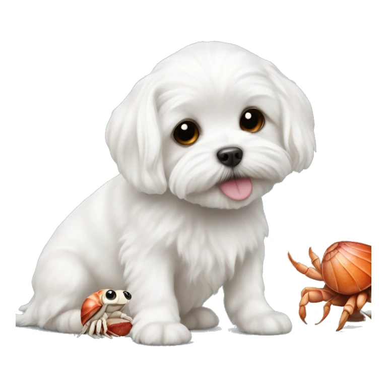 Adorable white Maltese posing with adorable hermit crab sticker