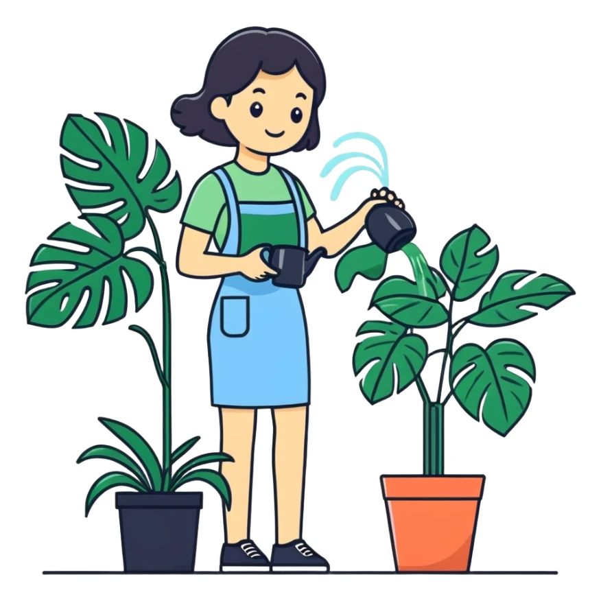 woman watering her monstera plant sticker