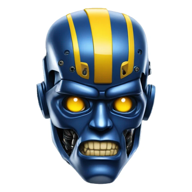 Terminator robot head with dark blue metallic skin and yellow Mohawk  sticker