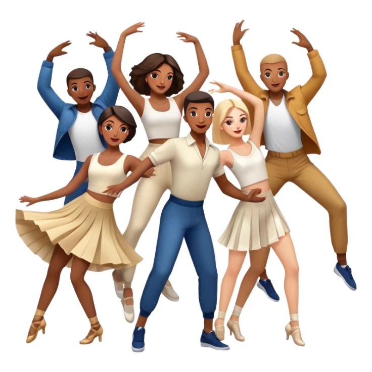 Icon for Contemporary Dance: a synchronized group dance performance with dancers in modern outfits, performing on stage with bright spotlighting and energetic movement. The icon should capture the dynamic and vibrant nature of contemporary dance. Transparent background. sticker