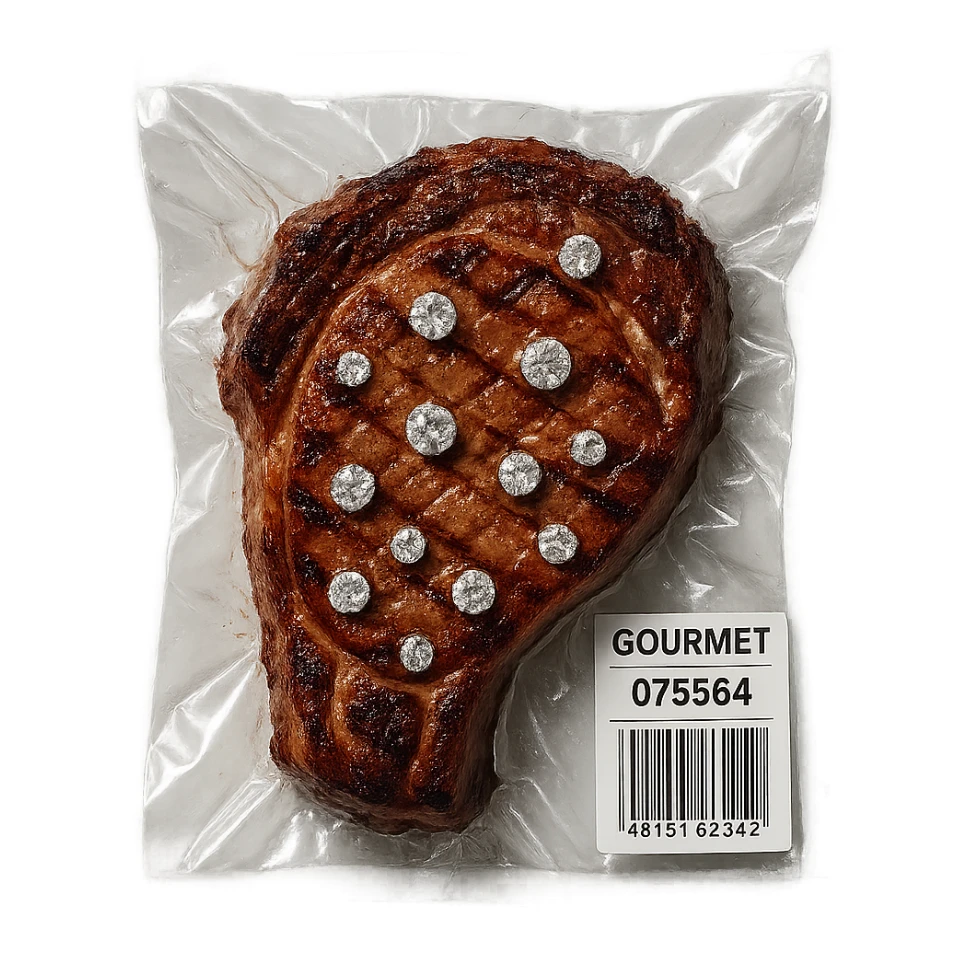 grilled steak with scattered diamonds, glossy, vacuum-sealed style sticker
