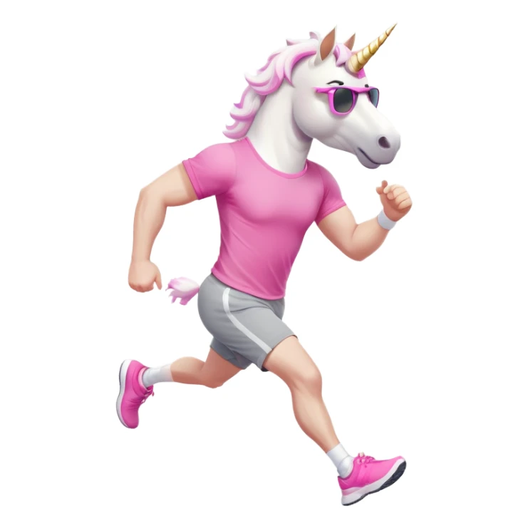 friendly anthropomorphised male white unicorn with a stocky, strong build, white arms and legs, wearing grey shorts and pink t-shirt, dark sunglasses, jogging upright in a standard pose sticker