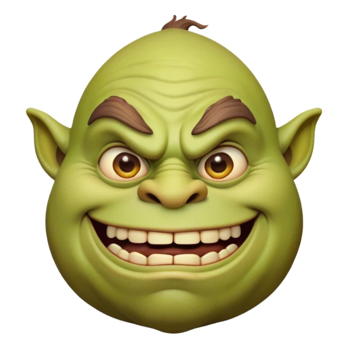 Cinematic Comical Ogre Portrait Emoji, with a strikingly exaggerated, bulky figure in vivid earthy greens and browns, head tilted in a dramatically surprised expression with wide, comically bulging eyes and a goofy, oversized grin, simplified yet hilariously exaggerated, highly detailed with a soft, cartoonish glowing outline capturing the playful absurdity of a meme-worthy ogre! sticker